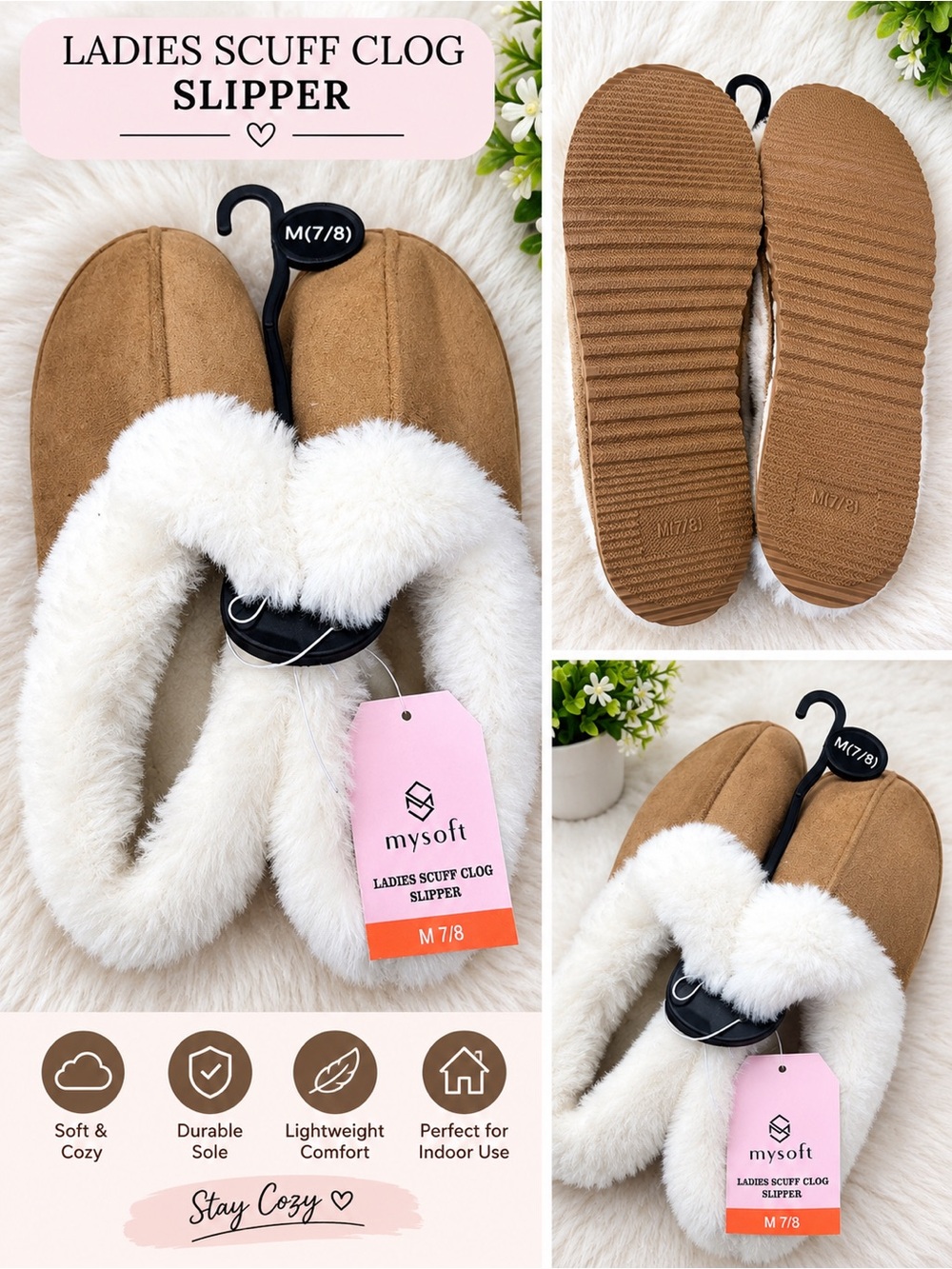 Women’s Mysoft Fuzzy Scuff Clog Slippers – Size M 7/8 Leah